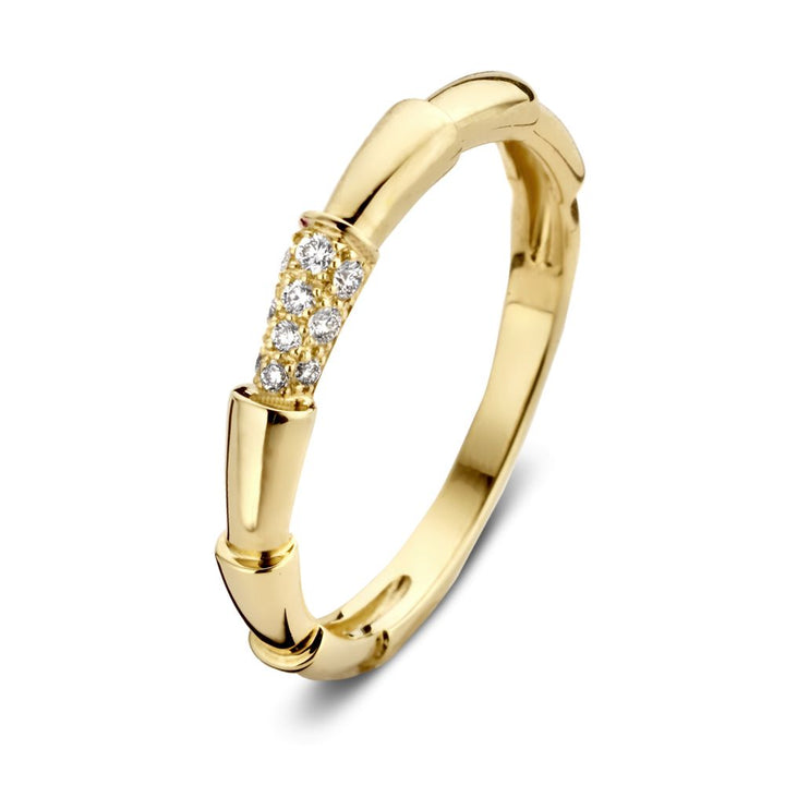 Elegante Geelgouden Ring met Bamboo Design en Diamant – Tijdloze Schoonheid 0.09 crt.