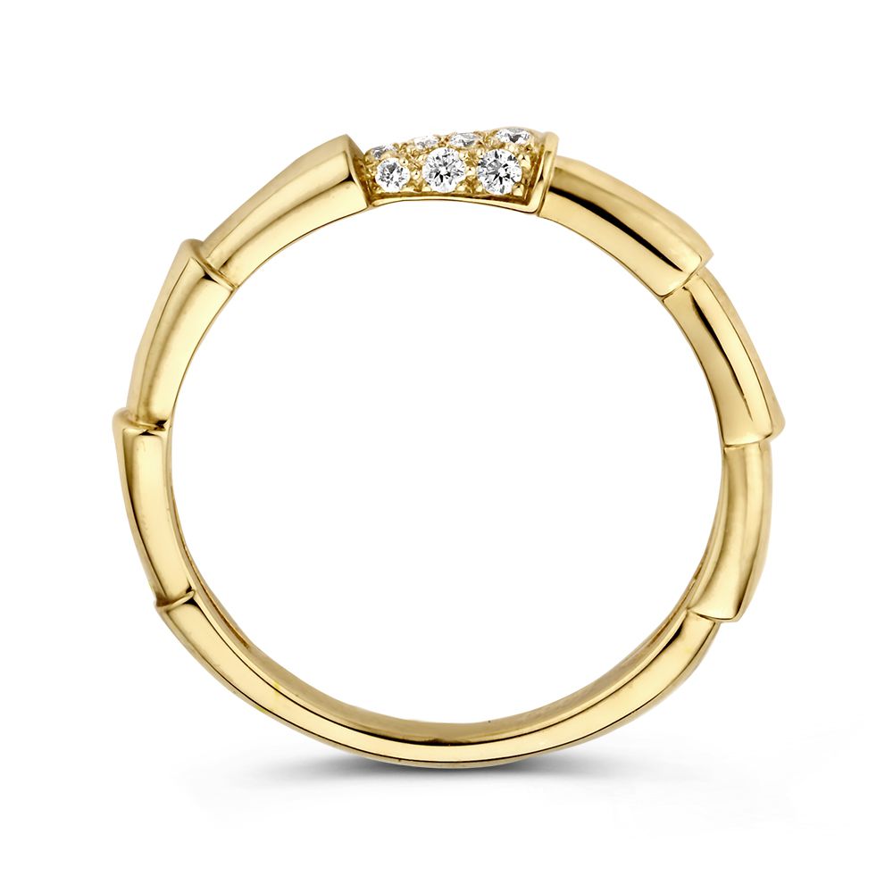 Elegante Geelgouden Ring met Bamboo Design en Diamant – Tijdloze Schoonheid 0.09 crt.