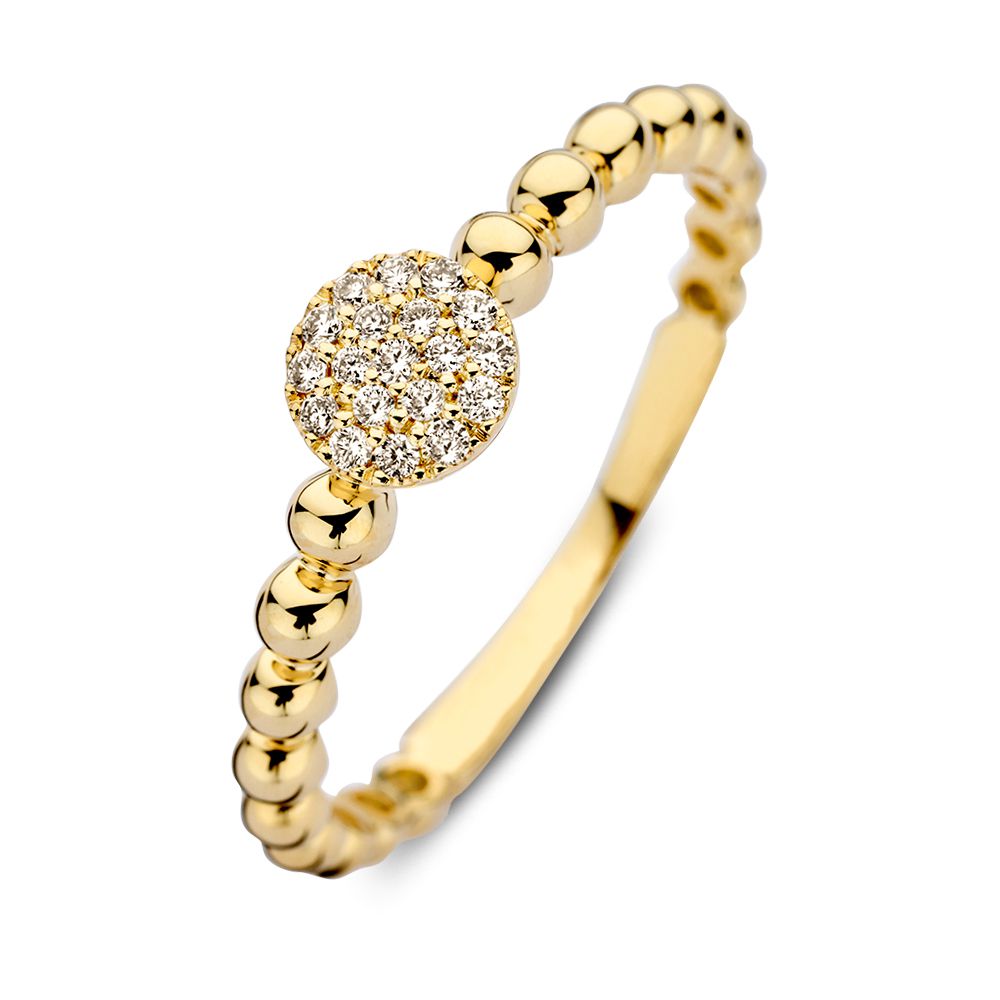 Geelgouden bolletjesring met een diamant middenstuk, versierd met kleine diamanten.