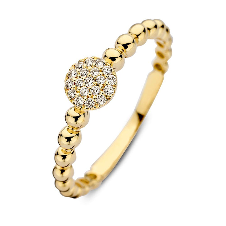 Geelgouden Bolletjes Ring met Diamant Middenstuk – Subtiele Luxe 0.09 crt.