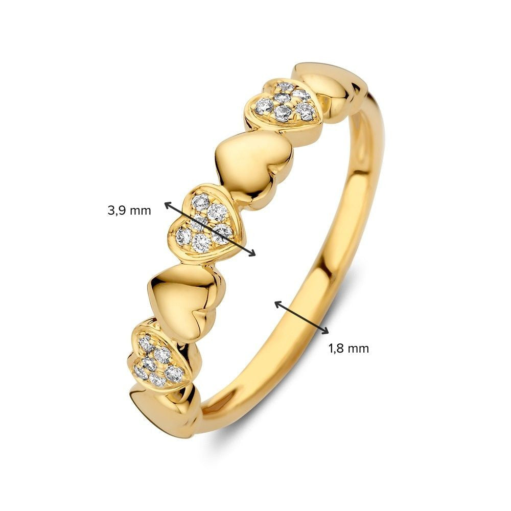 Geelgouden Ring met Hartjes en Diamanten – Een Symbolische en Speelse Sieraad 0.09 crt.