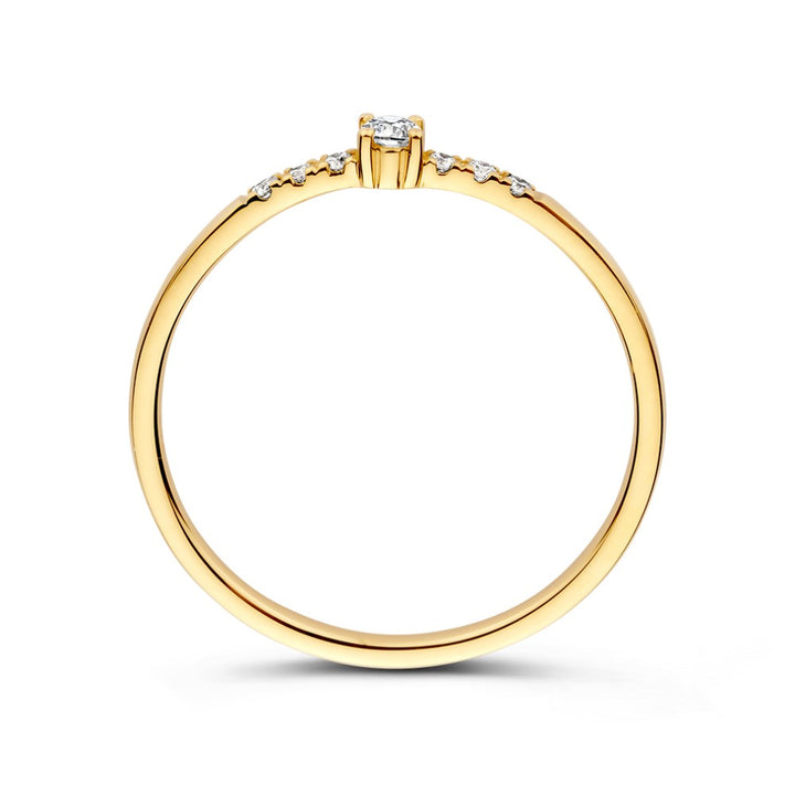De Excellent Jewelry Ring geelgoud briljant 0.09 crt. is een 14 karaat geelgouden ring met een rond diamanten middenstuk en kleinere diamanten langs de band, van opzij gezien tegen een witte achtergrond.