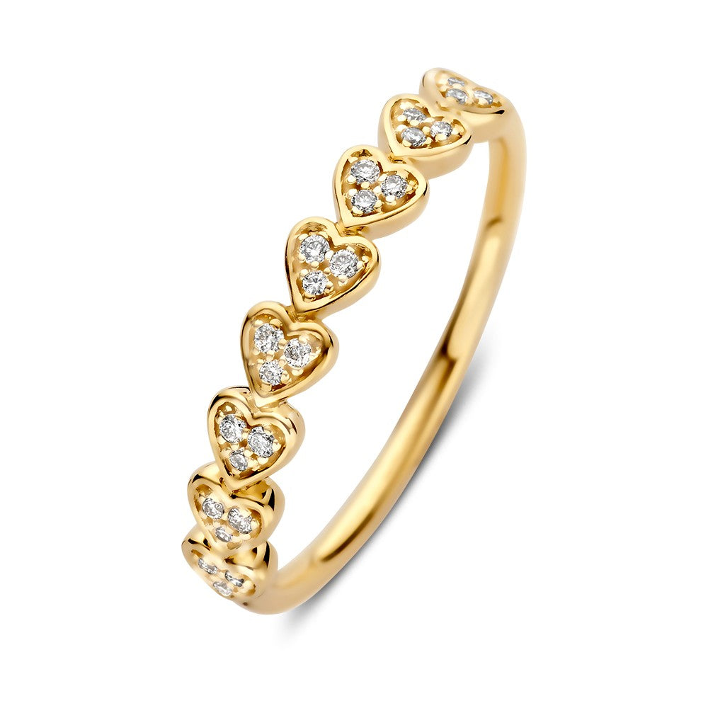 Geelgouden ring met hartvormige schakels, bezet met briljantjes van 0.10 crt.