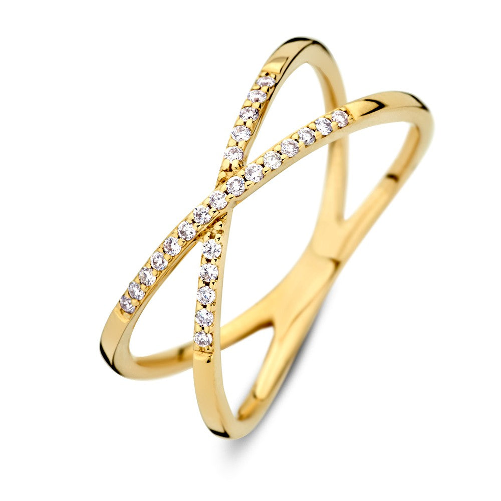 Geelgouden ring met gekruiste banen en diamanten, 14 karaat.