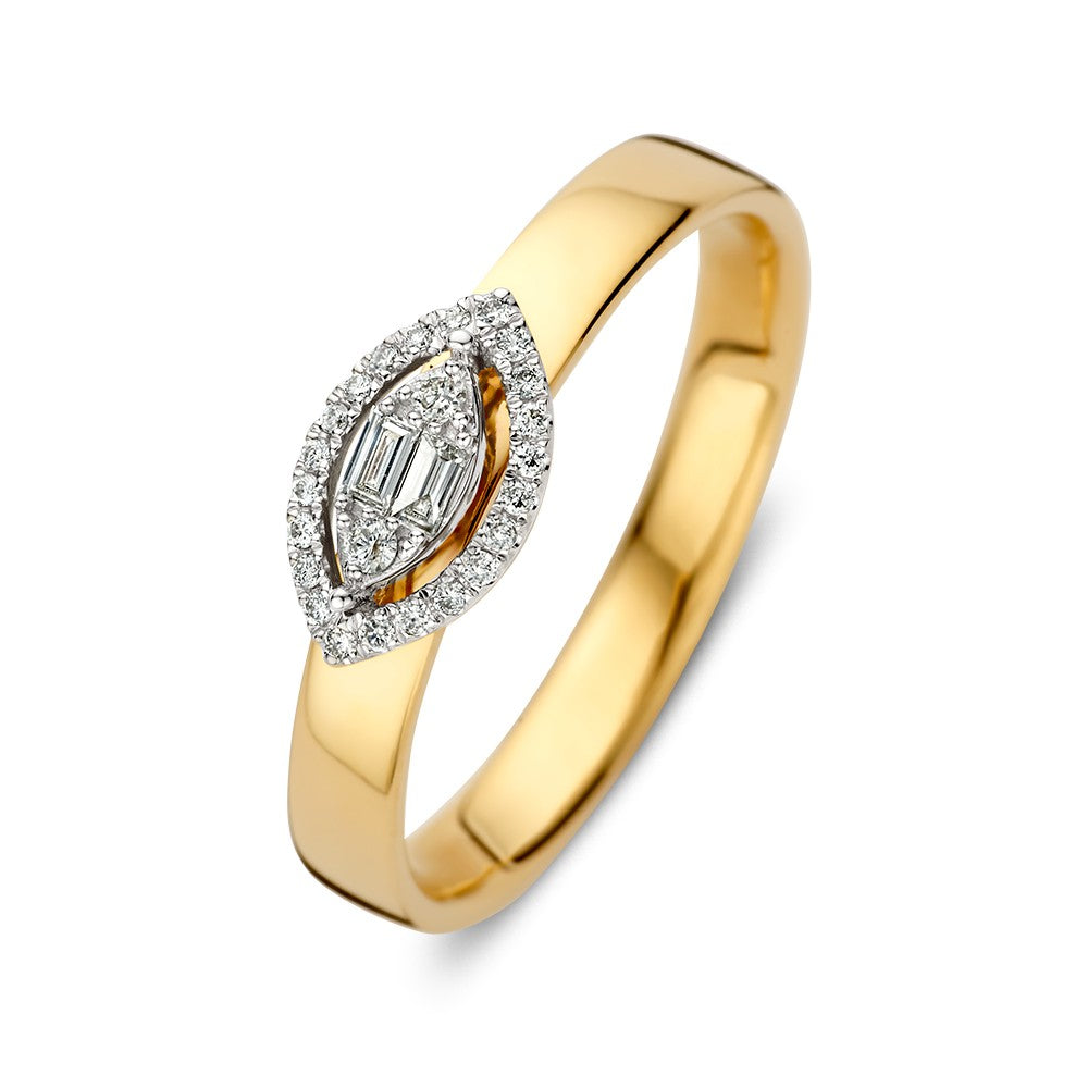 Wit- en geelgouden ring met marquise-vormige entourage en diamanten, totaal 0.12 crt.
