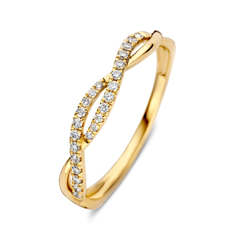 Geelgouden ring met een golvende vorm en briljanten van 0,13 crt. in een rij.