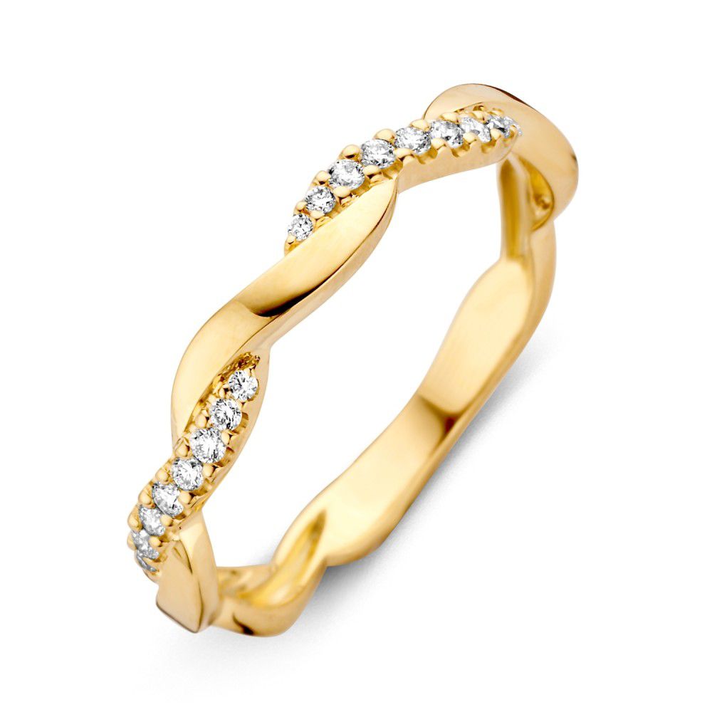 Geelgouden ring met een gedraaide vorm en briljant diamanten van 0.14 crt in een rij.