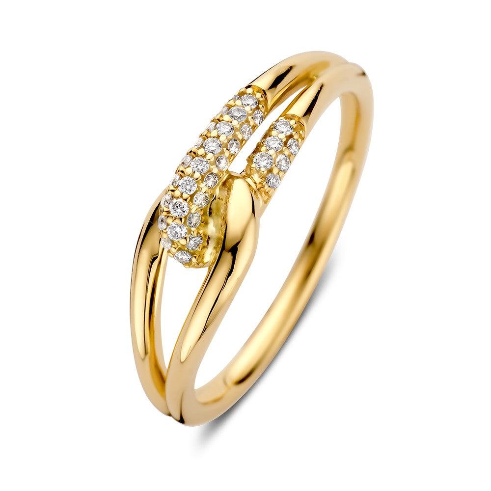 Geelgouden ring met een ontwerp van twee overlappende banden en bezet met briljanten van 0,14 crt.