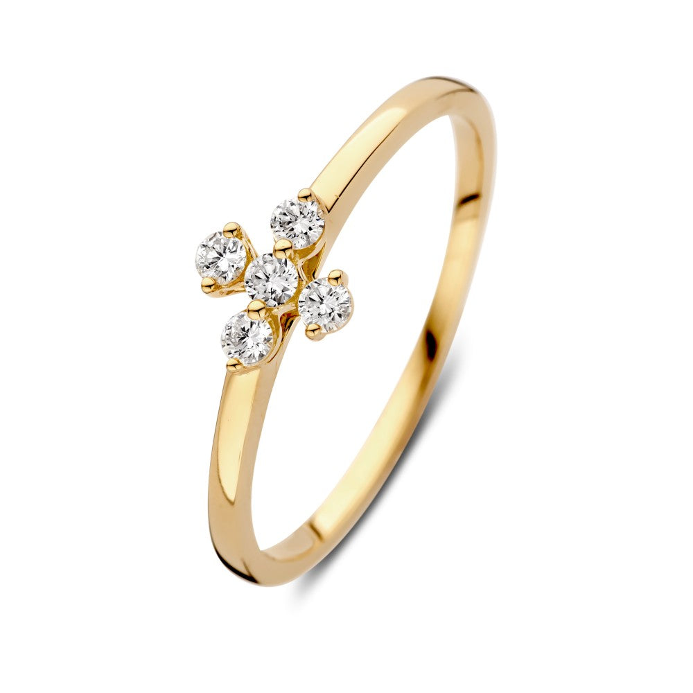 Gouden bloemenring met vier diamanten van 0,15 ct in een verfijnde setting.