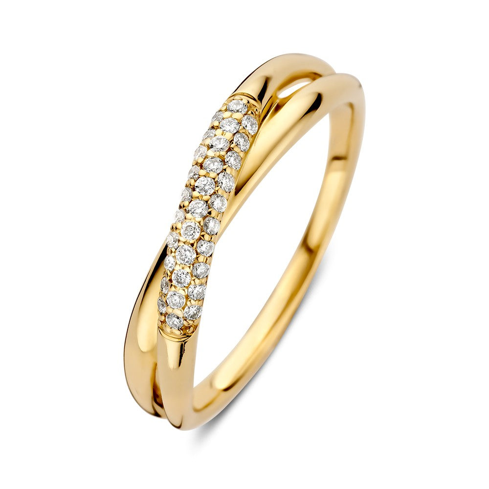 Geelgouden ring met een golvende vorm en een rij van briljanten van 0.15 crt.