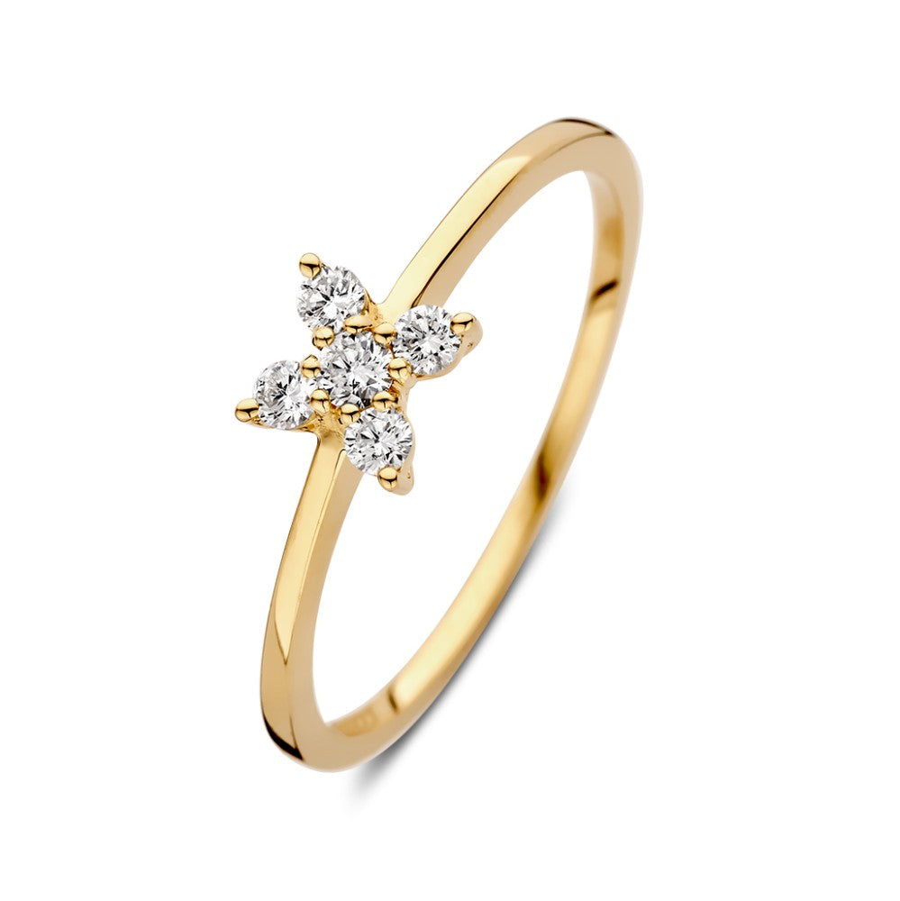 Gouden ring met een bloemdesign van vijf diamanten van 0,17 ct.