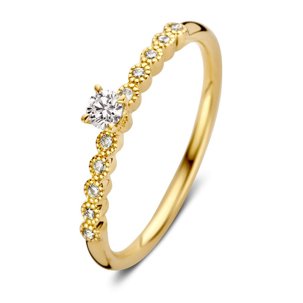 Geelgouden solitair ring met een centrale briljant diamant en diamanten zijstenen, 14 karaat.