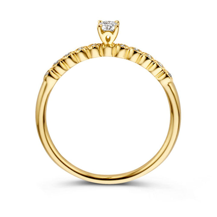 Vintage Geelgouden Solitair Ring met Diamanten Zijstenen – 14 Karaat, 0,19 ct Briljant Diamant, H/SI-1 Kwaliteit