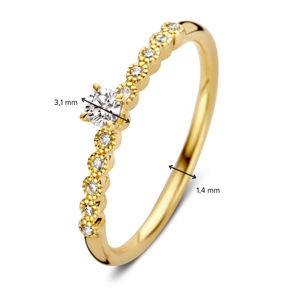 Vintage Geelgouden Solitair Ring met Diamanten Zijstenen – 14 Karaat, 0,19 ct Briljant Diamant, H/SI-1 Kwaliteit