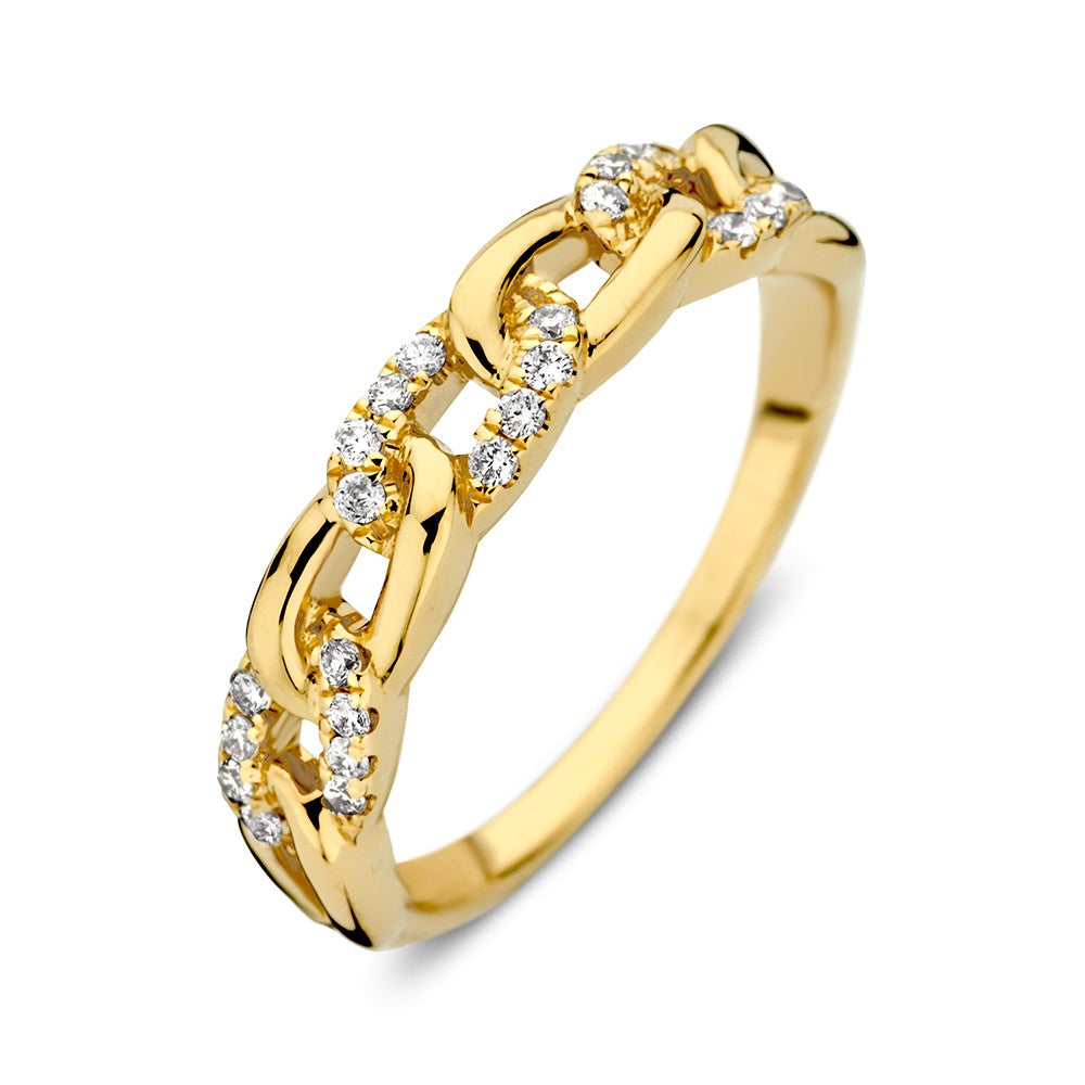 Geelgouden schakelring met drie diamanten, met een glanzende afwerking en een kettingontwerp.