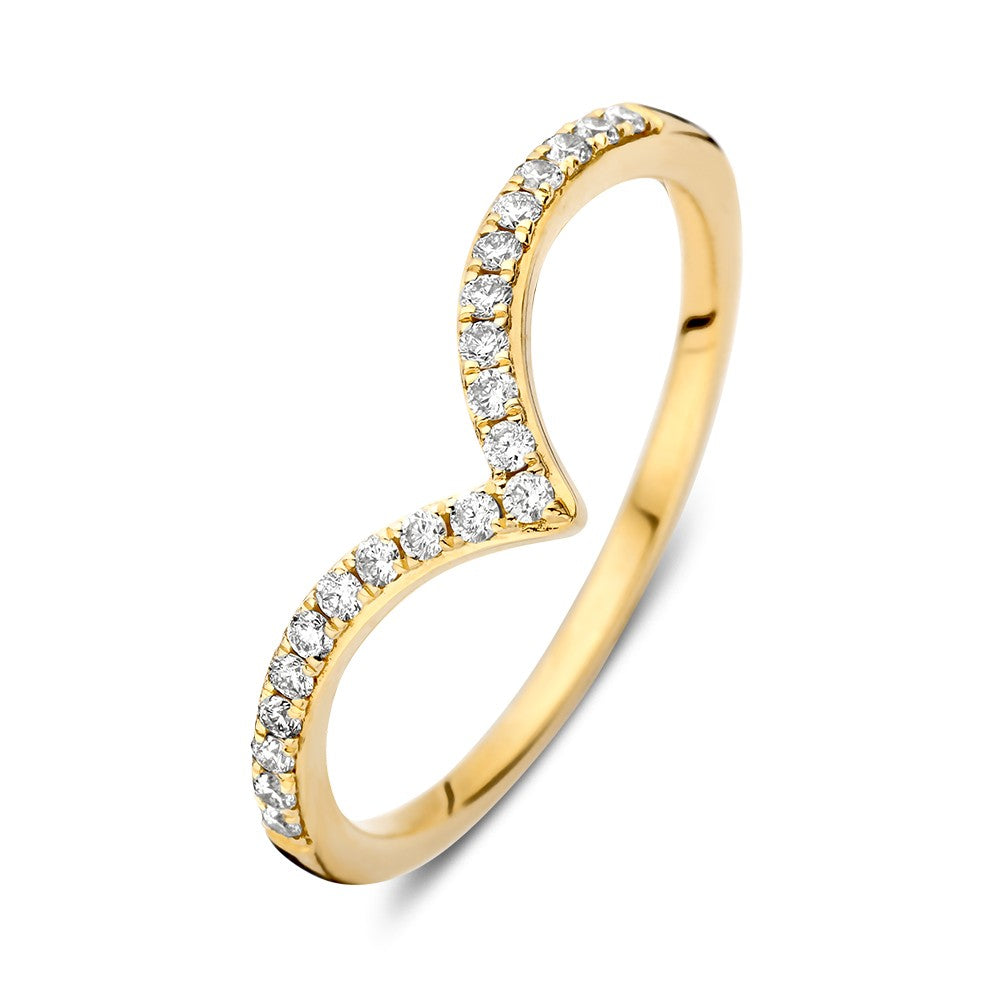 Geelgouden ring met een golvende vorm en 0.19 crt briljantsteentjes in een rij.