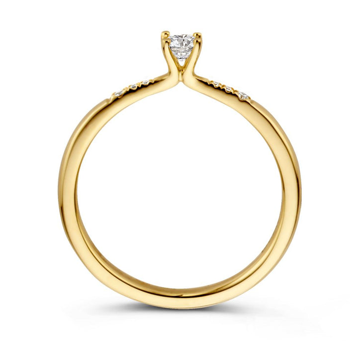 Elegante Geelgouden Solitair Ring met Briljant Geslepen Middensteen en Zijstenen 0.21 crt.