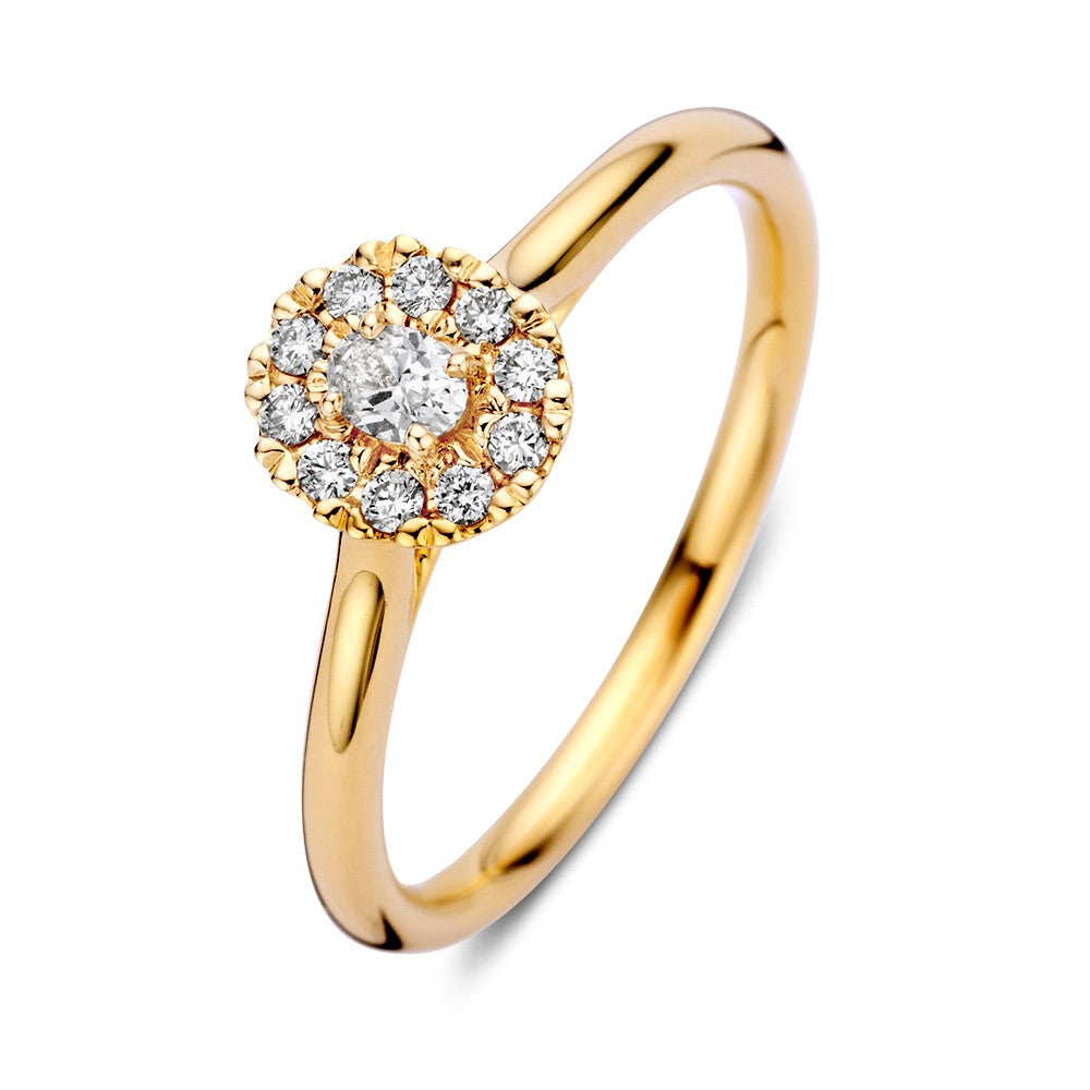 De Excellent Jewelry Elegant 14k Geelgouden Diamond Halo Ring heeft een ovaal geslepen middensteen omringd door fonkelende diamanten, allemaal gezet op een gepolijste geelgouden band.