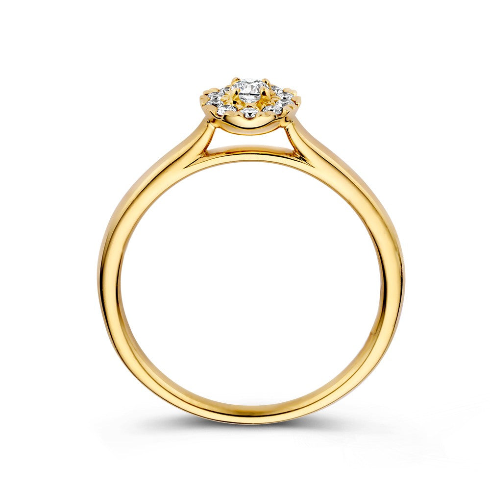 De Elegante 14k Geelgouden Diamanten Halo Ring van Excellent Jewelry heeft een ovaal geslepen middensteen en is vanaf de zijkant afgebeeld tegen een witte achtergrond.