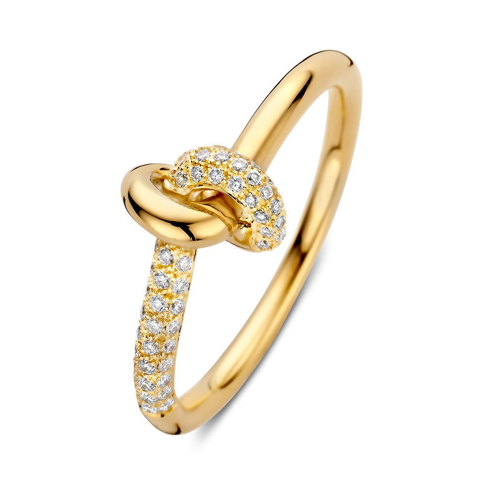 Geelgouden ring met een stralende diamant van 0.21 crt en een knoopdesign.