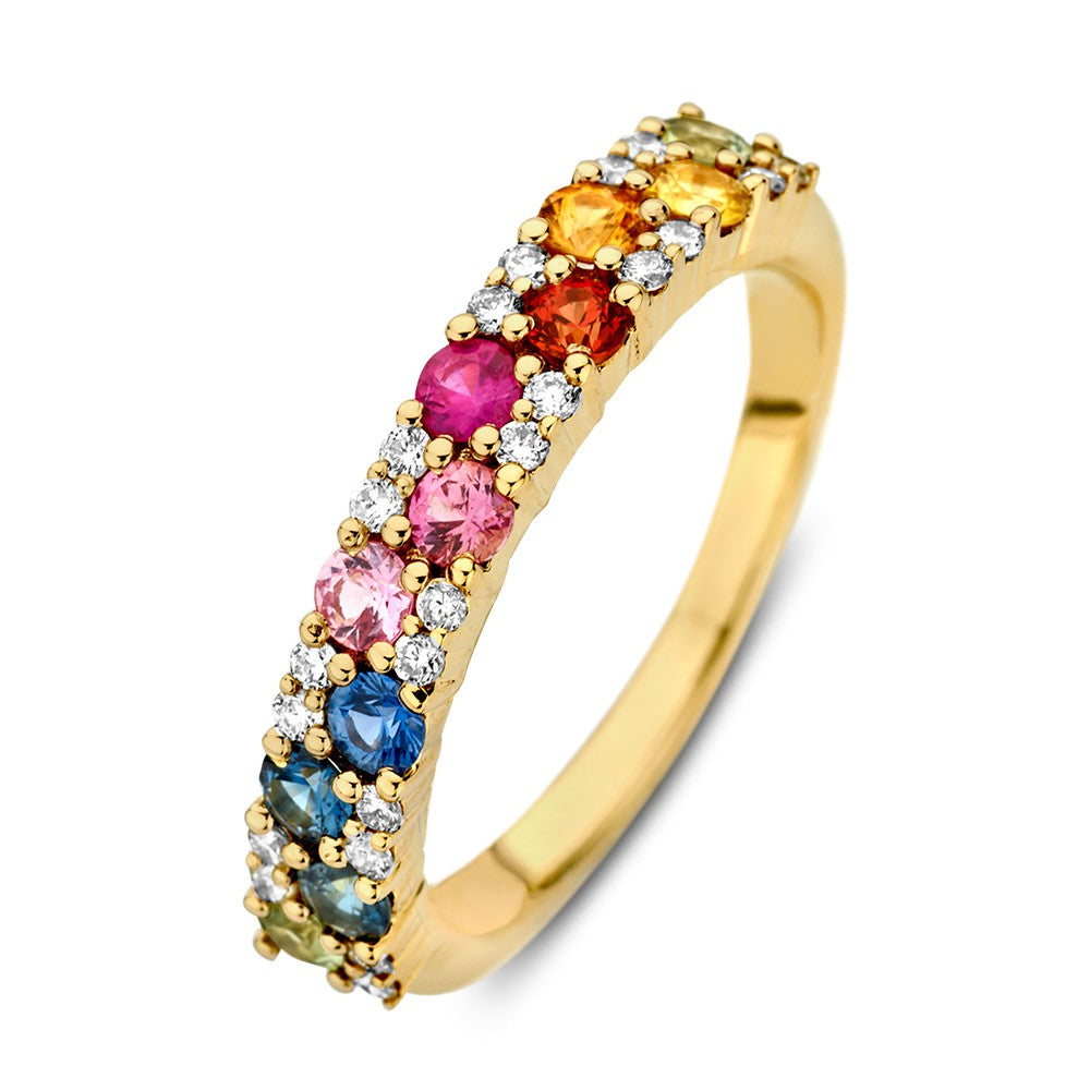 Geelgouden ring met regenboogsaffier en diamanten, versierd met kleurrijke edelstenen en sprankelende diamanten.