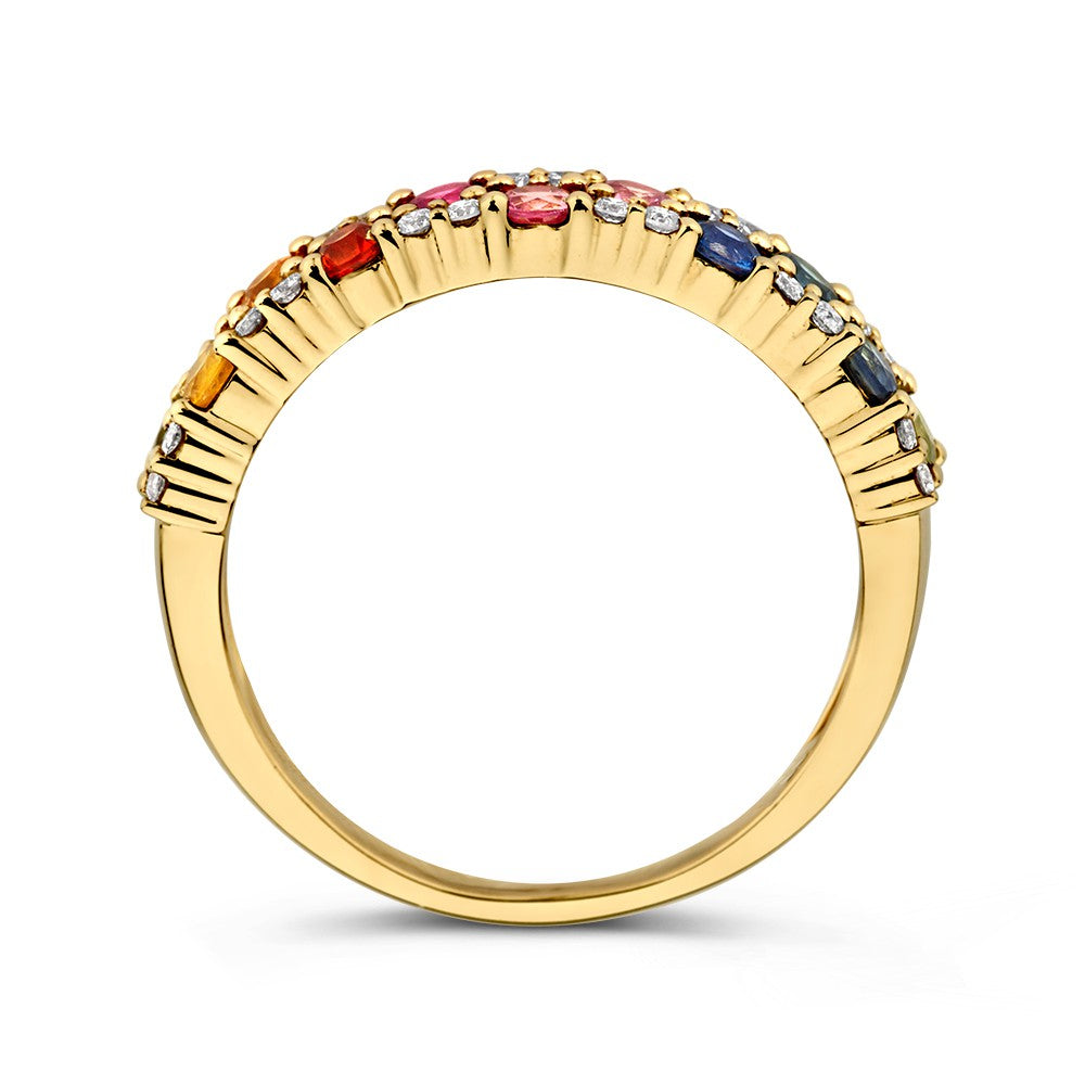 Geelgouden Ring met Regenboogsaffier en Diamanten – 14-Karaat Luxe voor Dames