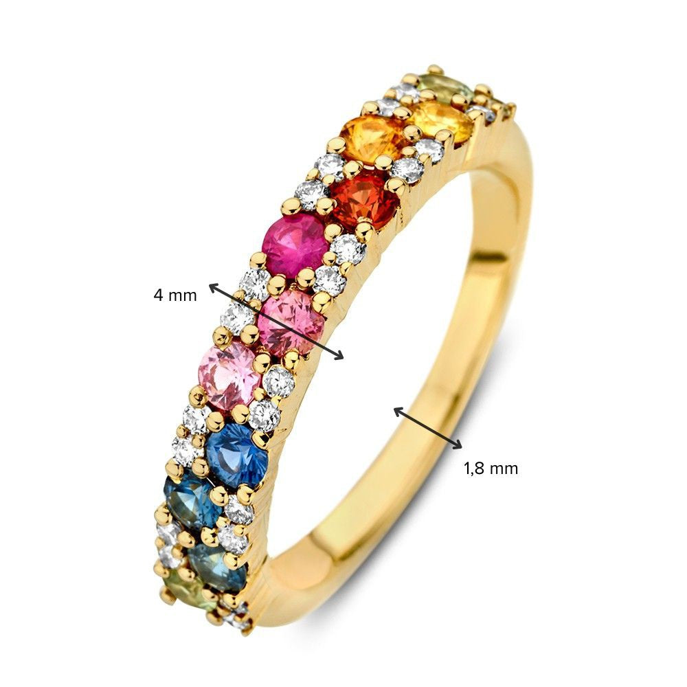 Geelgouden Ring met Regenboogsaffier en Diamanten – 14-Karaat Luxe voor Dames