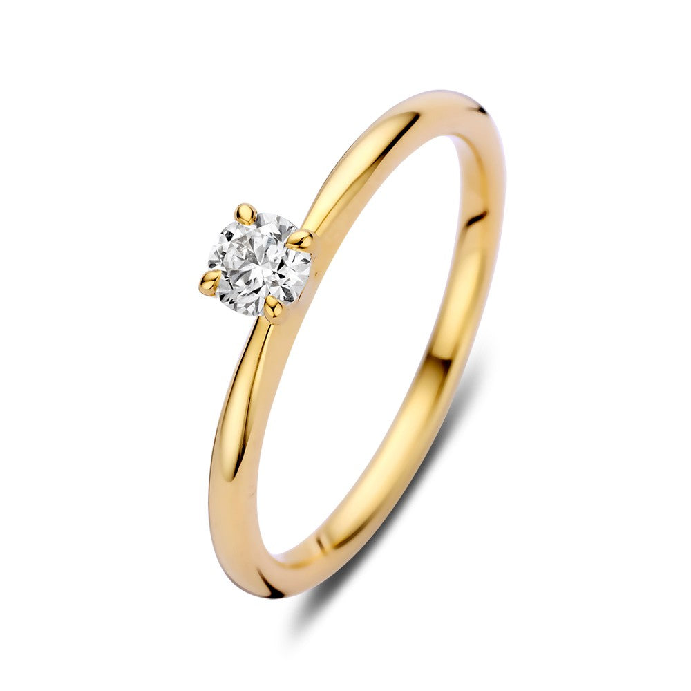 Gouden solitair ring met een 0,25 crt briljant, verfijnd design en een gladde band.