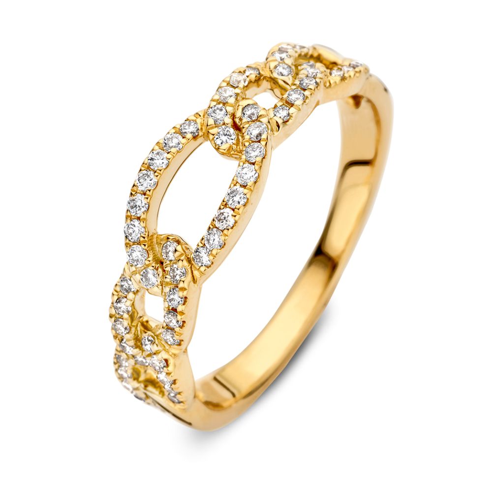 Geelgouden schakelring met fonkelende diamanten, 14 karaat goud en 0,28 karaat diamant.