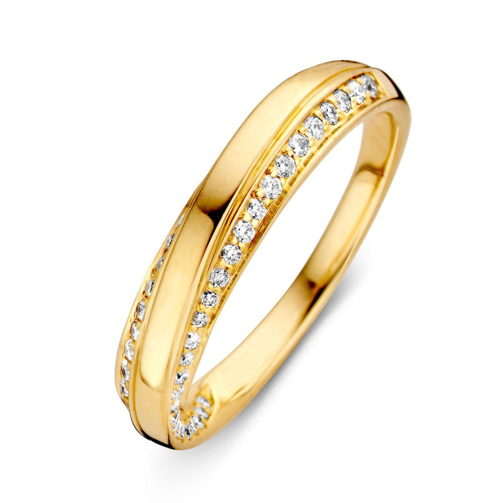 Geelgouden ring met een dubbele band en 0.32ct briljant geslepen diamanten in een rij.