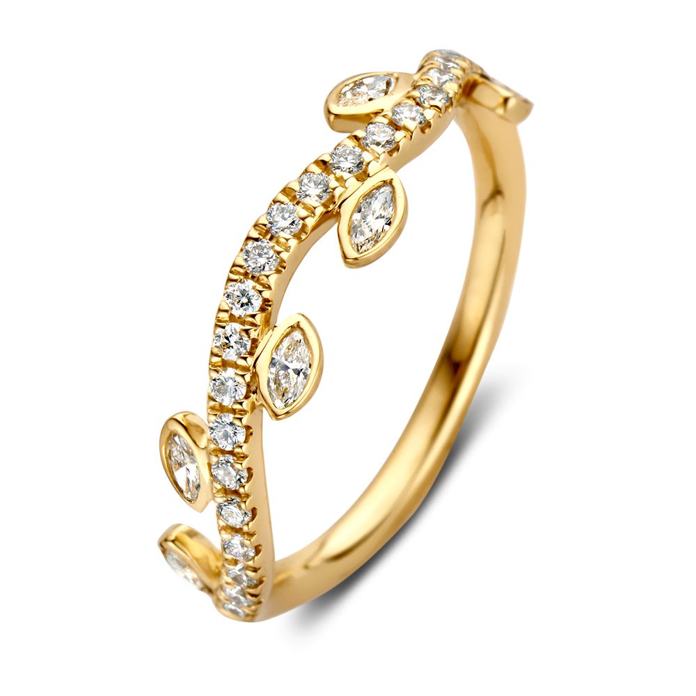 Geelgouden ring met diamanten blaadjes design, 14 karaat goud en 0.37ct diamanten.