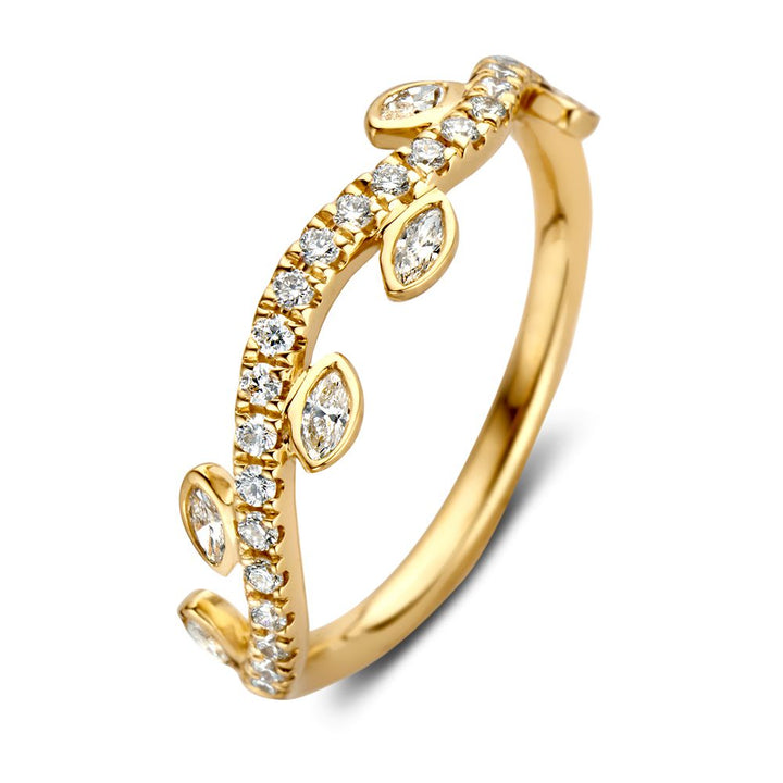 Elegante Geelgouden Ring met Diamanten Blaadjes Design – 14 Karaat Goud, 0.37ct Diamant