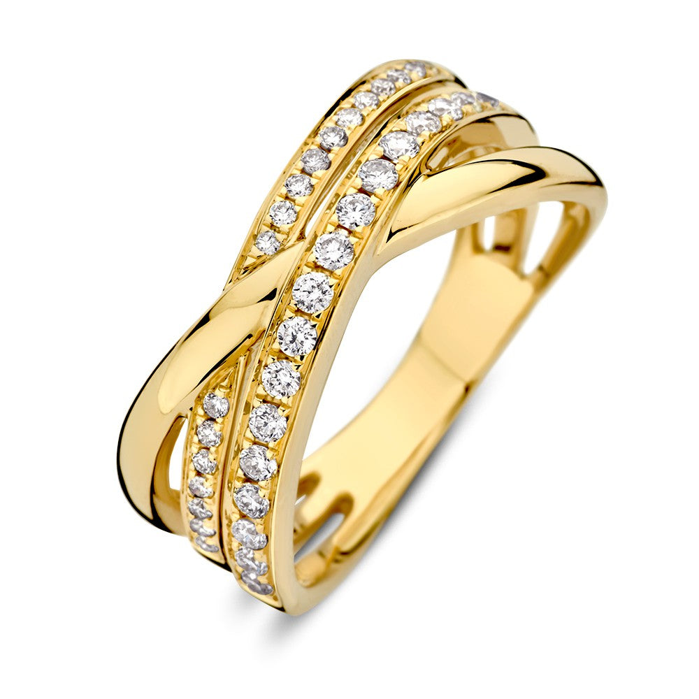 Geelgouden crossover ring met meerdere rijen diamanten in een luxe ontwerp voor dames.