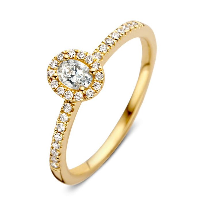 Elegante Geelgouden Ring met Ovale Diamant en Halo – 14 Karaat Goud, 0.40ct Diamant