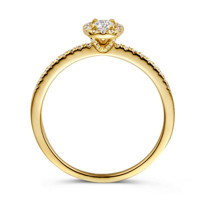 Elegante Geelgouden Ring met Ovale Diamant en Halo – 14 Karaat Goud, 0.40ct Diamant