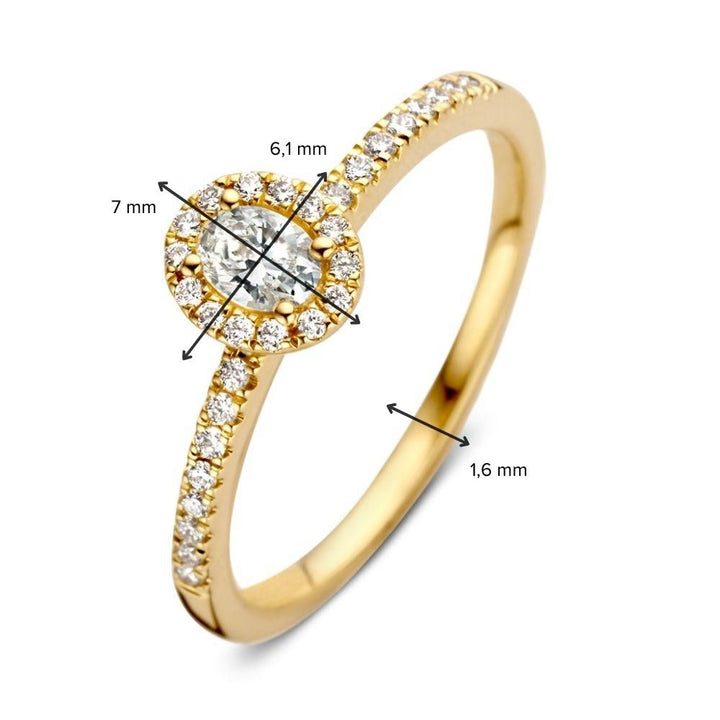 Elegante Geelgouden Ring met Ovale Diamant en Halo – 14 Karaat Goud, 0.40ct Diamant