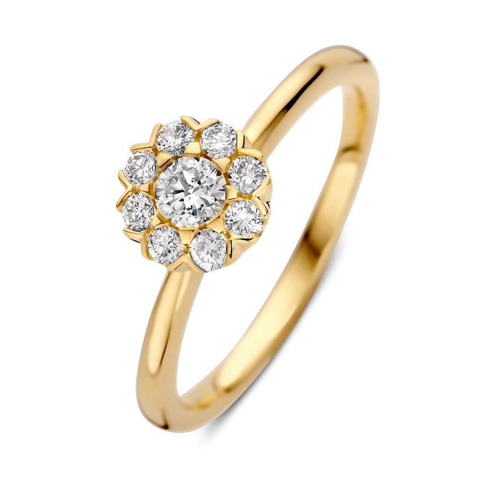 Geelgouden ring met een bloemvormige zetting en een centrale briljant van 0.41 crt, omringd door kleinere steentjes.