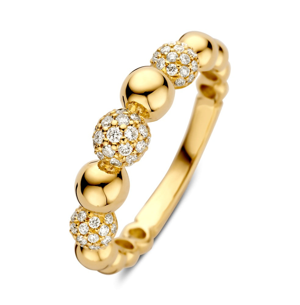 Geelgouden ring met bolvormige elementen en sprankelende diamanten, 14 karaat, 0.42ct.