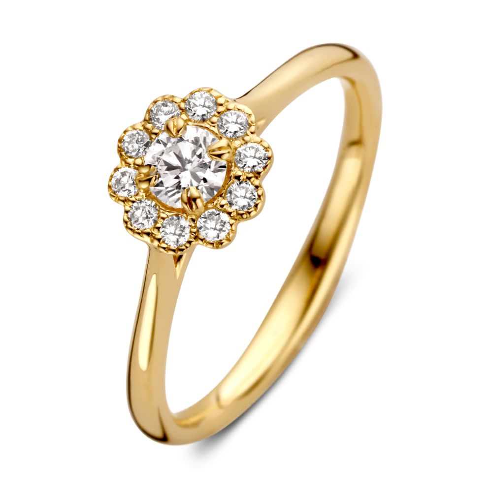 Geelgouden vintage entourage ring met een centrale diamant omringd door acht kleinere diamanten.