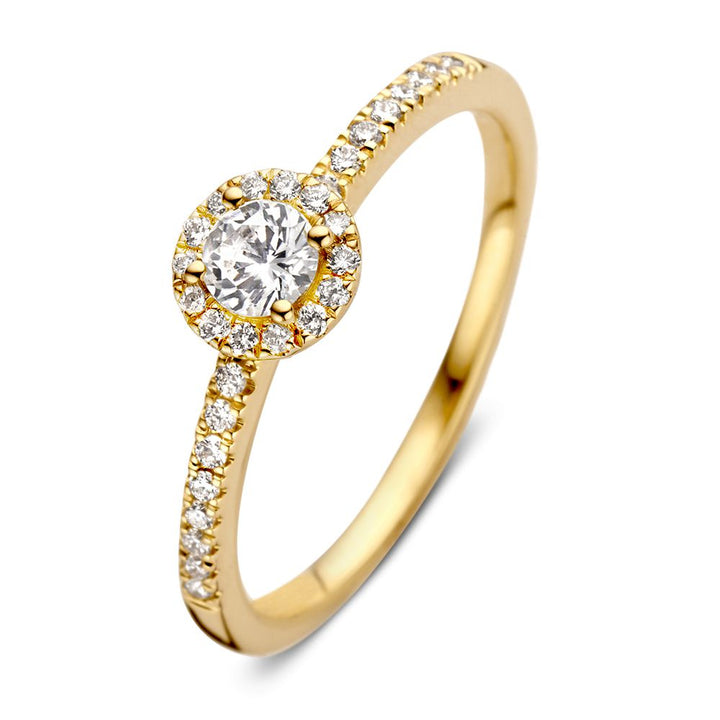 Elegante Geelgouden Ring met 0,20ct Briljant en Halo van Diamanten