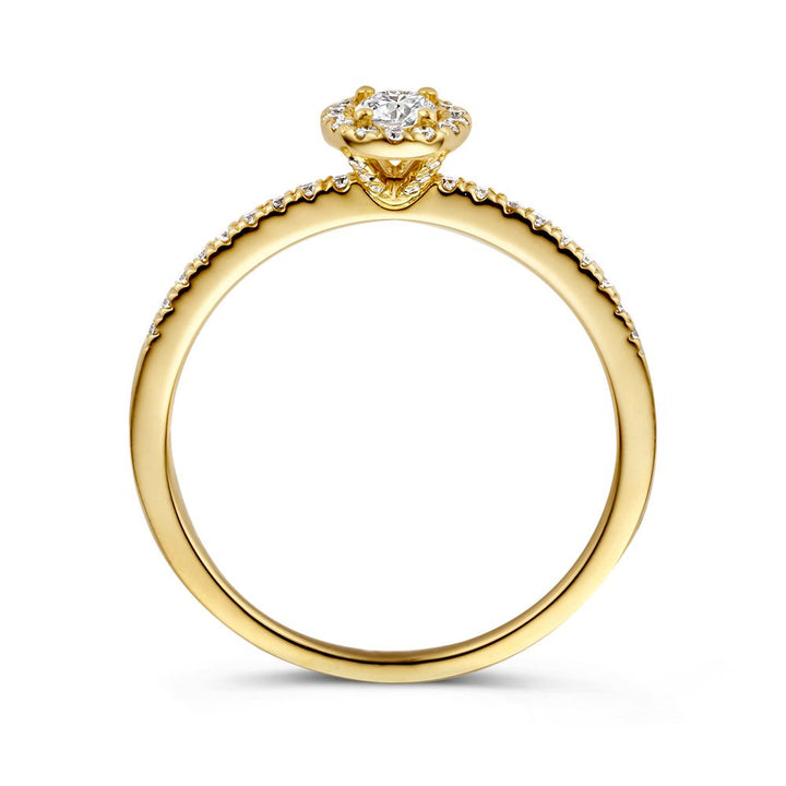 Elegante Geelgouden Ring met 0,20ct Briljant en Halo van Diamanten