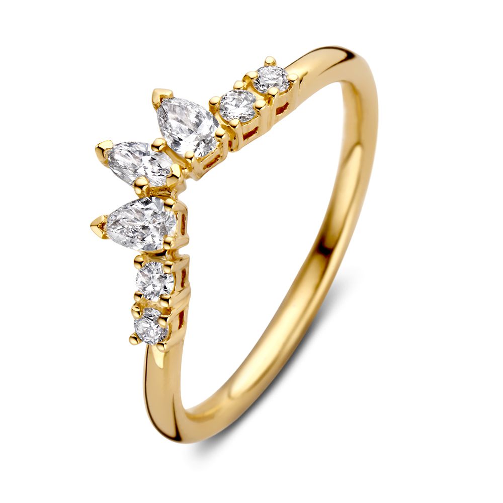 Geelgouden damesring met marquise geslepen diamanten en ronde steentjes, totaal 0.47 crt.