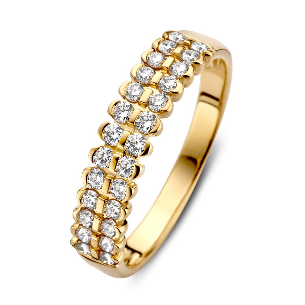 Geelgouden ring met diamant in bijzondere zetting, 14 karaat goud, met meerdere fonkelende diamanten.