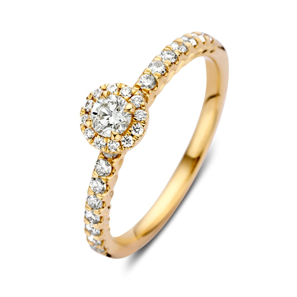 Geelgouden ring met een centrale briljant in entourage zetting, omringd door kleinere diamanten.