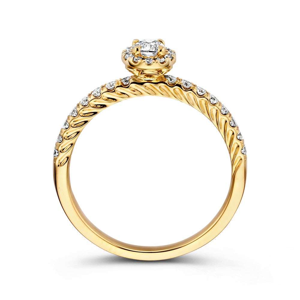 Schitterende Geelgouden Diamanten Ring met Briljant in Entourage Zetting – 14 Karaat0.50 crt.