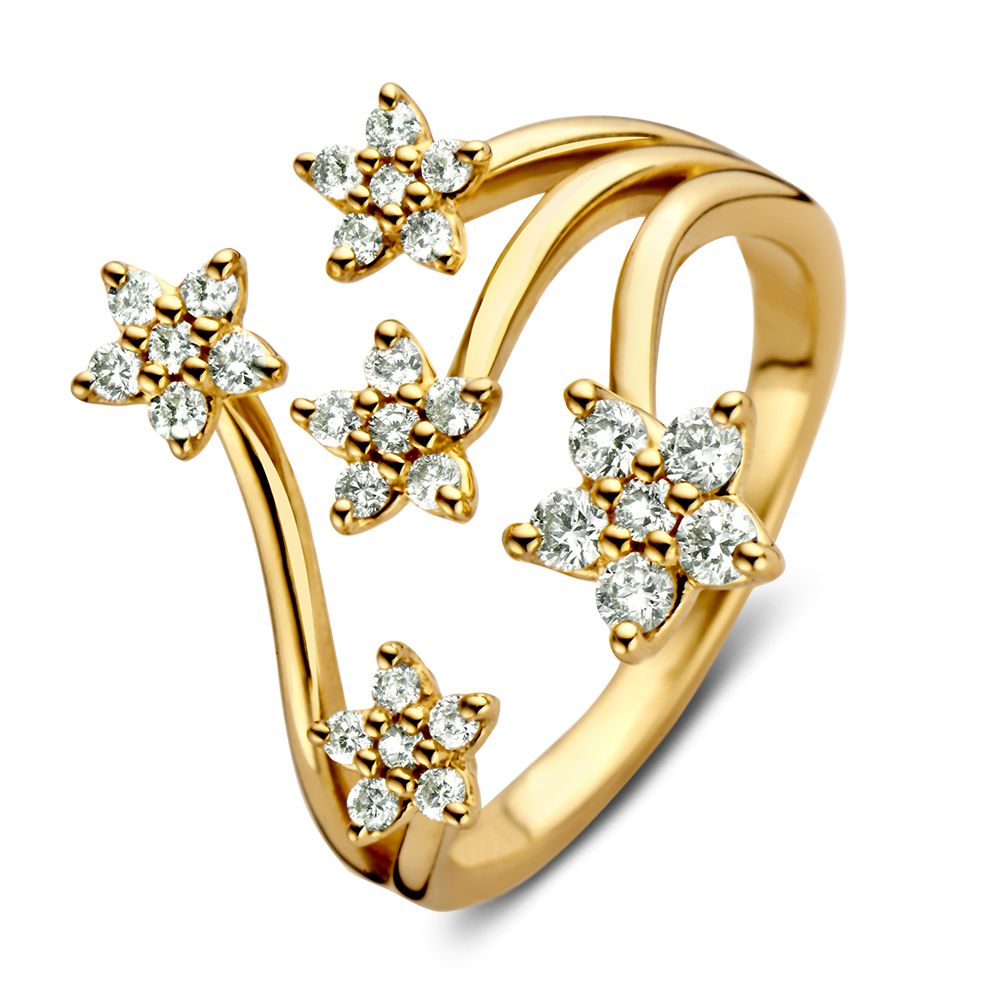 Geelgouden ring met vijf sterren van diamanten, 14 karaat, met een golvende vorm.