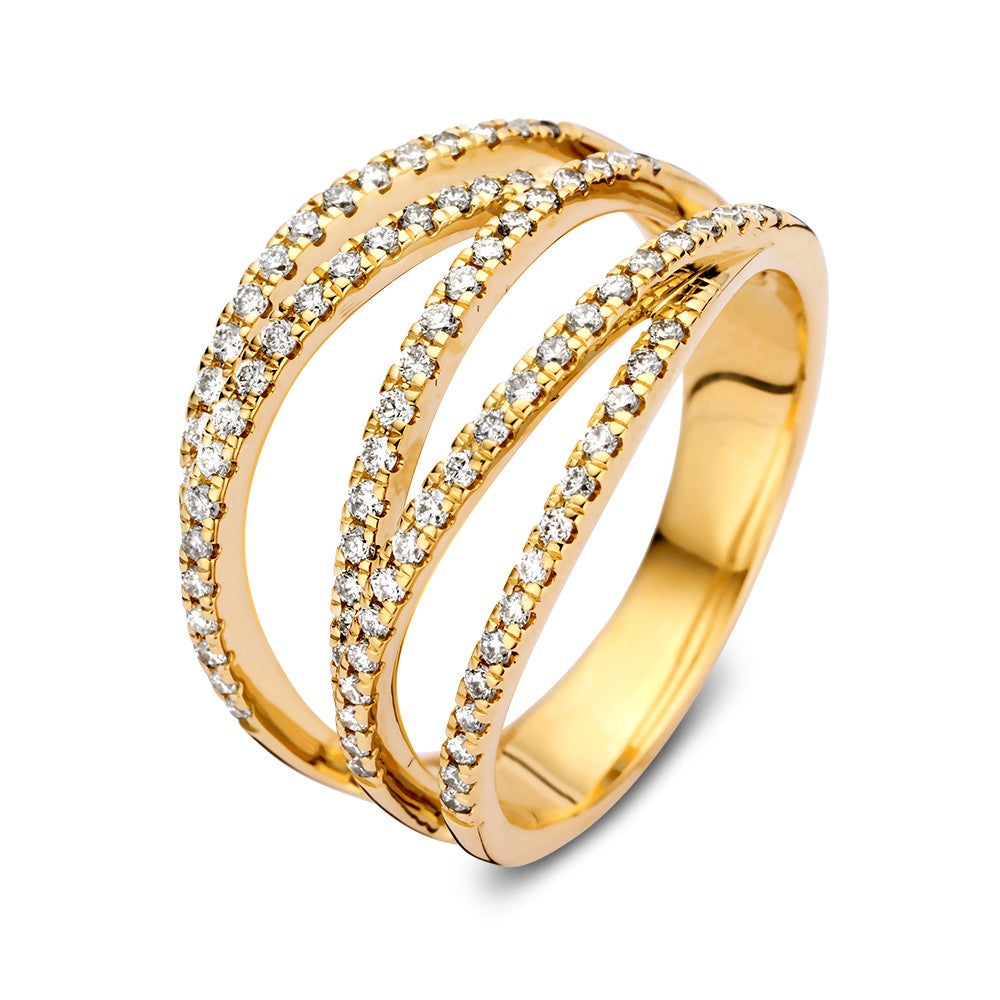 Gouden crossover ring met drie banden, bezet met 0,53 ct diamanten.
