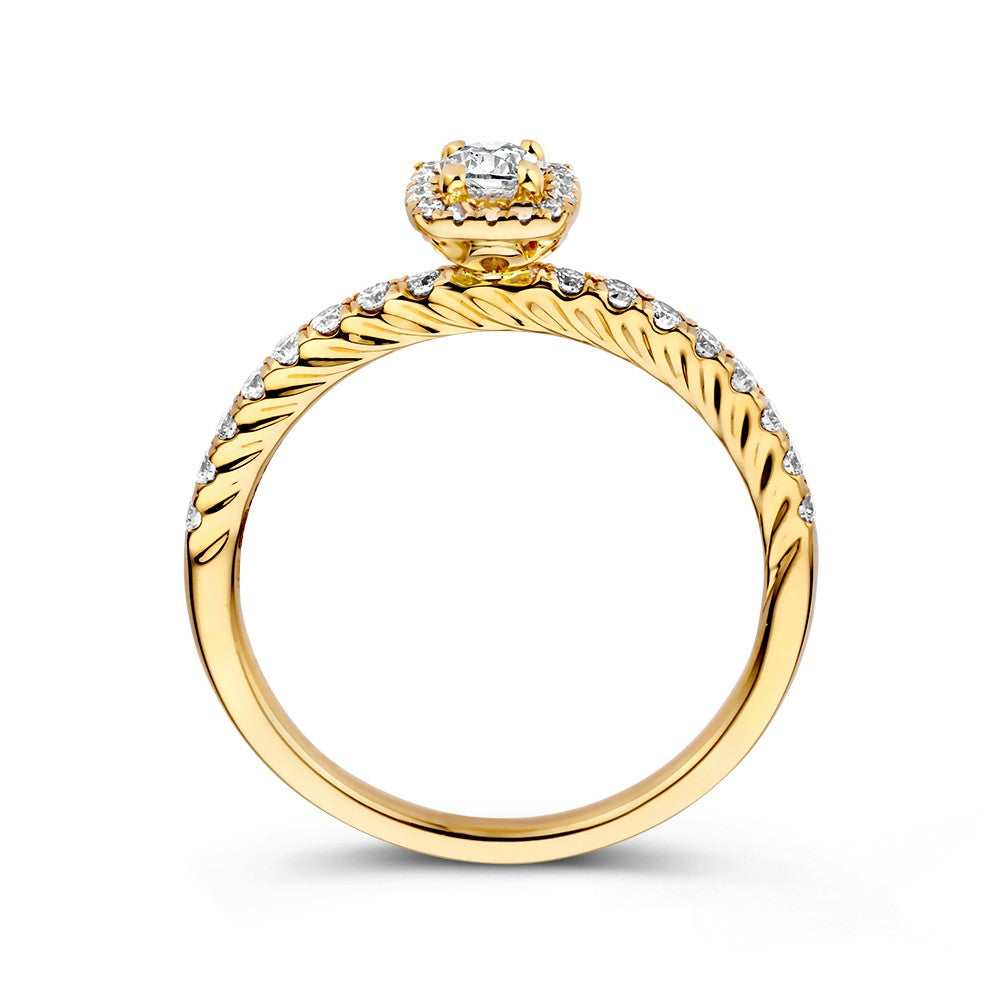 Schitterende Geelgouden Diamanten Ring met Briljant in Vierkante Entourage Zetting – 14 Karaat 0.53 crt.