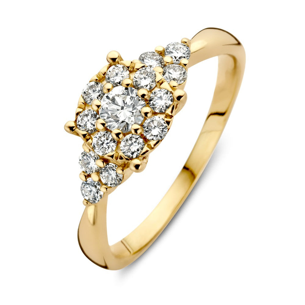 Geelgouden entourage ring met een centrale briljant en omliggende steentjes, 14 karaat.