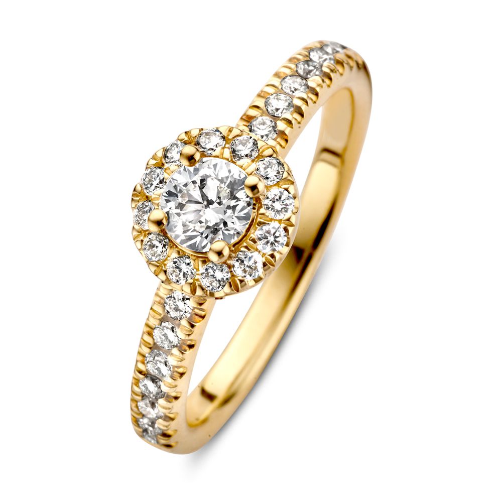 De Elegante Geelgouden Ring met Briljant Diamant (14 karaat, 0.62 crt.) van Excellent Jewelry heeft een centraal briljant geslepen diamant, omringd door een halo en extra diamanten op de band.
